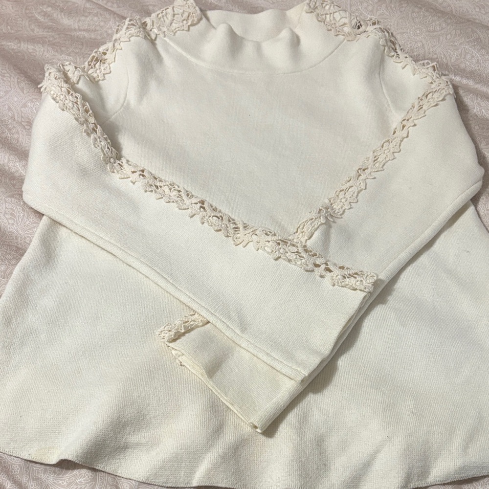 Knitted and Knotted Anthropology Elegant Cream Lace Trim Sweater